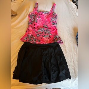 NWOT Pink Floral Tankini Top and Black Skirt Set